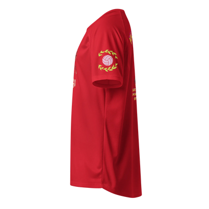 Unisex sports jersey, red with laurel basketball logo on the sleeve