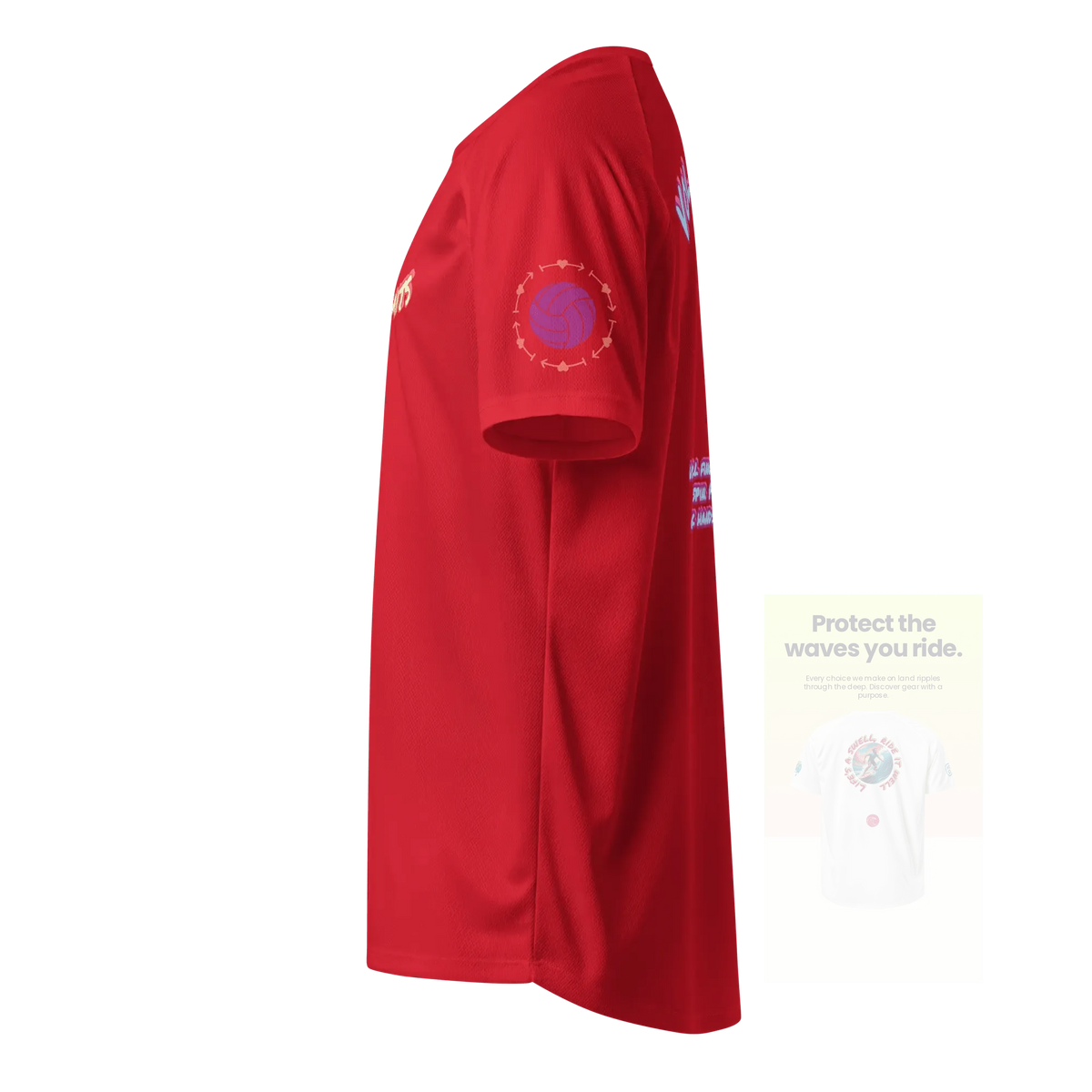 Unisex sports jersey (rot), seitliche Ansicht mit Ärmel-Logo und Rundhalsausschnitt