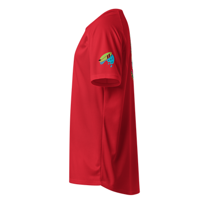 Red sports jersey, side view with small surf logo patch on chest