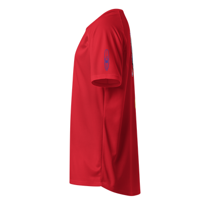 Red sports jersey, side view with small surf emblem on sleeve