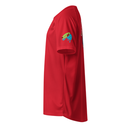 Red sports jersey, side view with colorful wave patch on upper sleeve