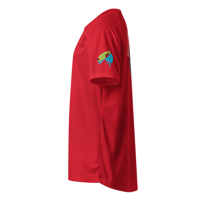 Red sports jersey, side view with colorful wave patch on upper sleeve