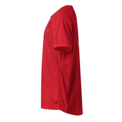 Red sports jersey, side view with small vehicle logo on chest
