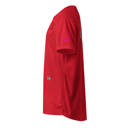 Red sports jersey side view with small surfer icon on sleeve