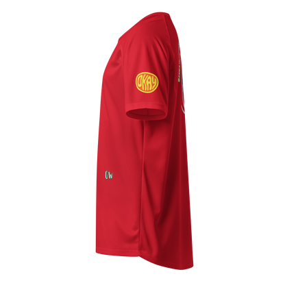 Red sports jersey side view with yellow logo patch on sleeve