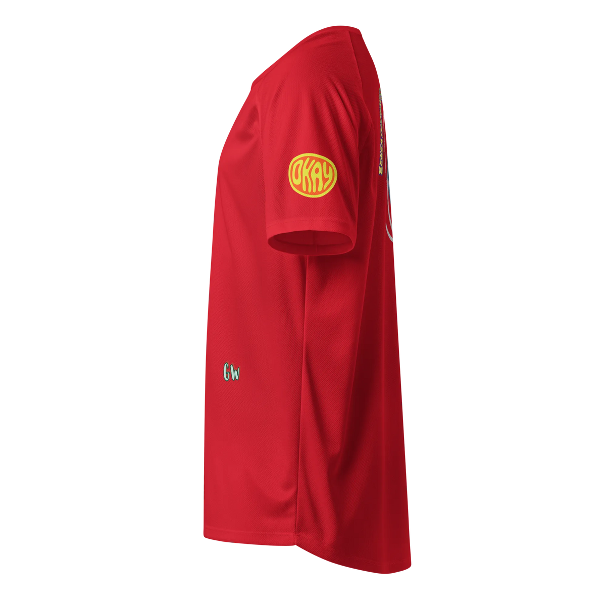 Red sports jersey side view with yellow logo patch on sleeve