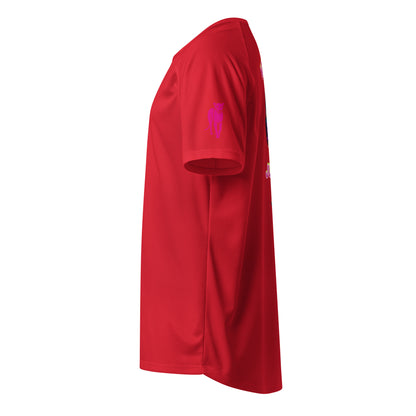 Red unisex sports jersey side view with sleeve graphic 6