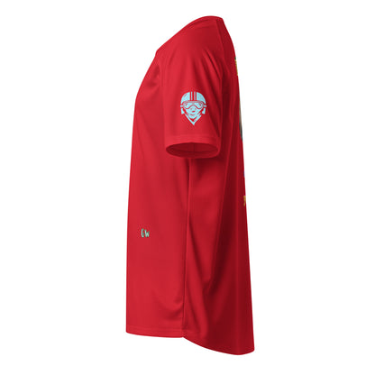 Red performance T-shirt, side view with helmet mascot logo on sleeve
