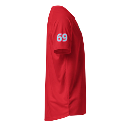 Red sports jersey, number 69 on chest; short sleeves, athletic unisex fit