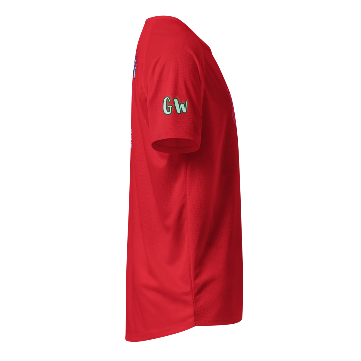 Rotes Sporttrikot mit „Gw“-Stickerei auf der Vorder-/Seitenseite