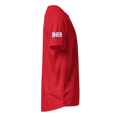 Red sports jersey, side view, white B69 logo on sleeve