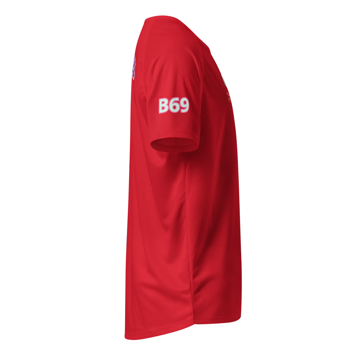 Red sports jersey, side view, white B69 logo on sleeve
