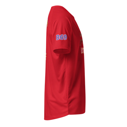 Unisex sports jersey, red; sleeve print “B69” and partial side graphic