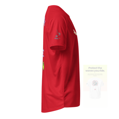 Unisex sports jersey (rot) seitlich mit kleiner Volleyball-Designgrafik am Ärmel
