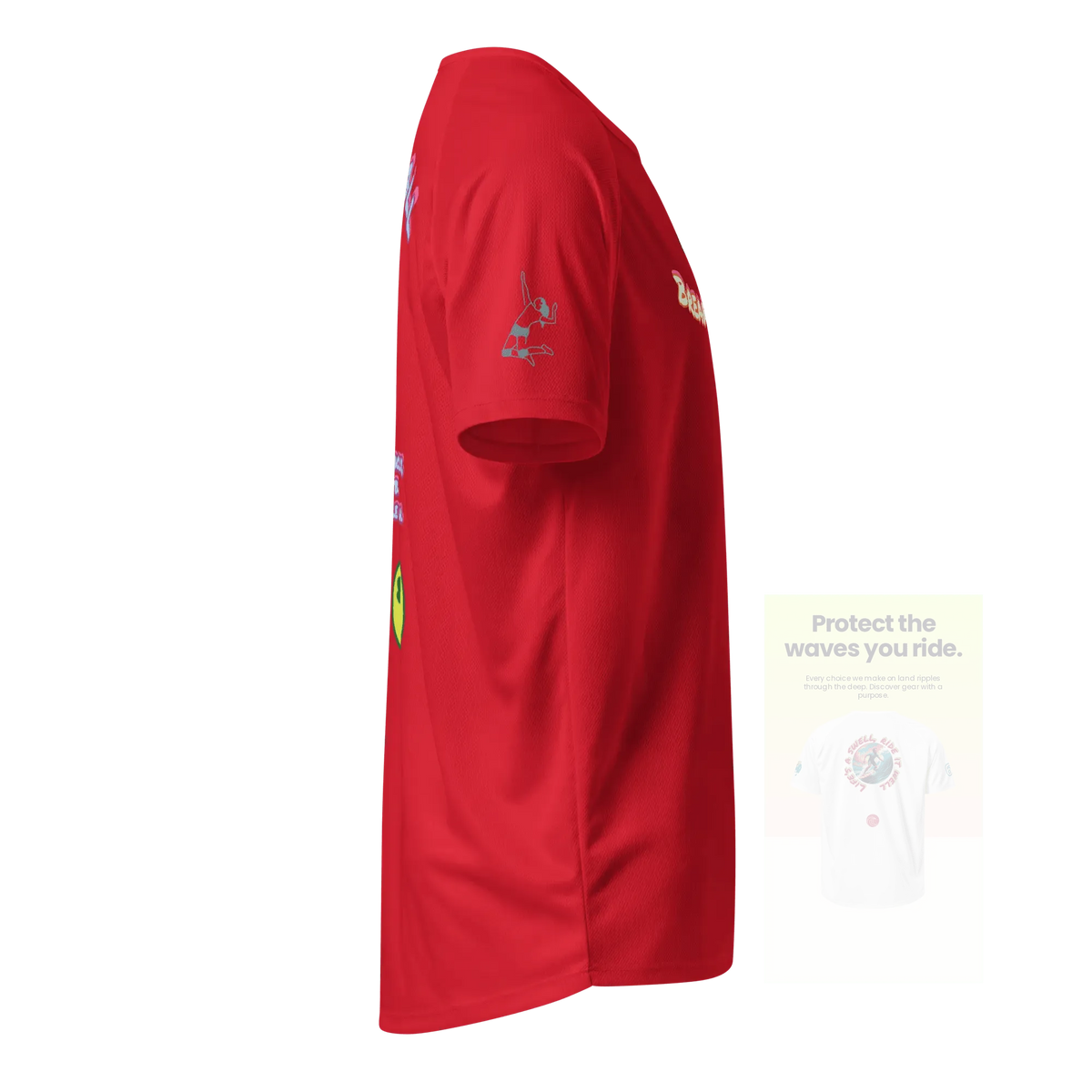 Unisex sports jersey (rot) seitlich mit kleiner Volleyball-Designgrafik am Ärmel