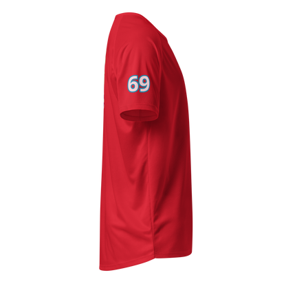 Sport-Jersey, rot, Seitenansicht mit großem „69“ auf dem Ärmel