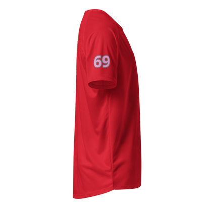 Red sports jersey, side view with '69' number on sleeve