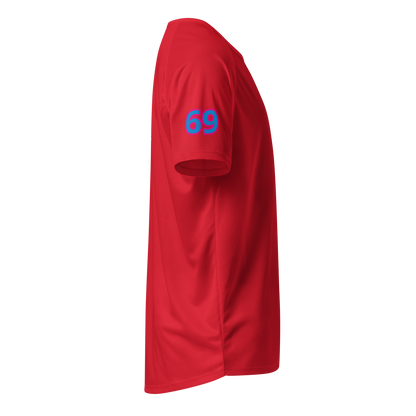 Red sports jersey, side view with blue “69” print near sleeve