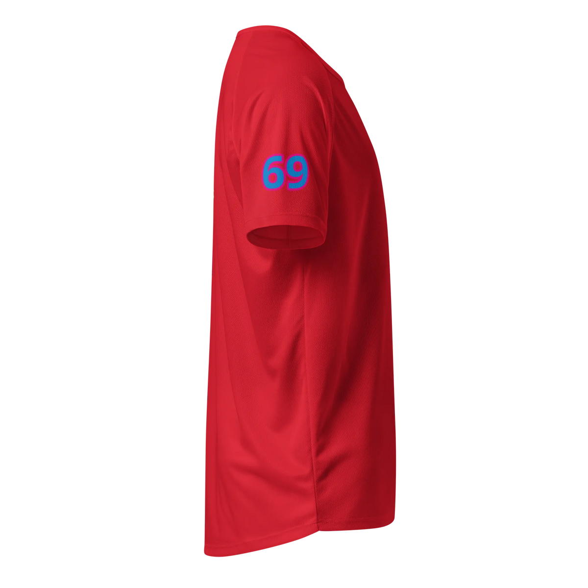 Red sports jersey, side view with blue “69” print near sleeve