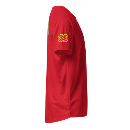 Red sports jersey, side view with large “69” number on sleeve