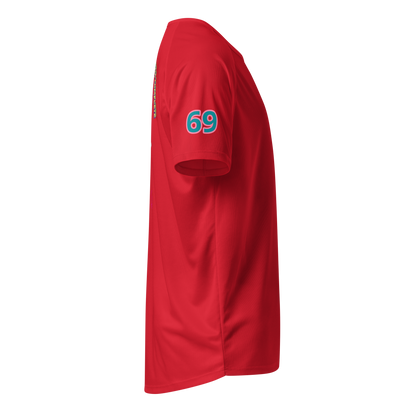 Red sports jersey sleeve graphic with large turquoise '69'