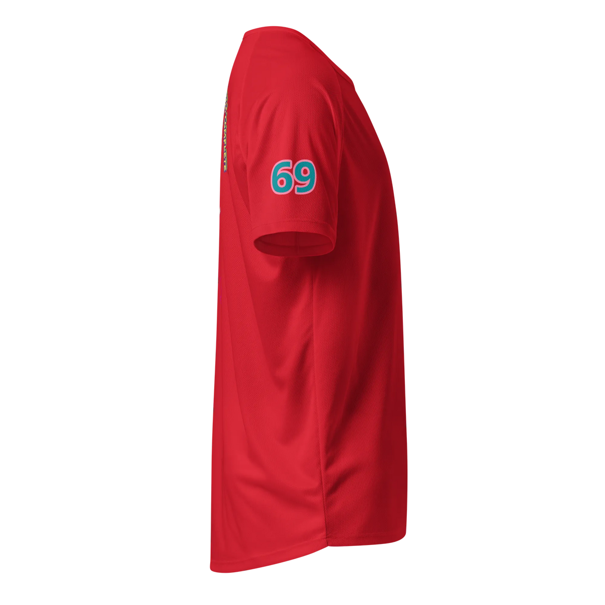 Red sports jersey sleeve graphic with large turquoise '69'