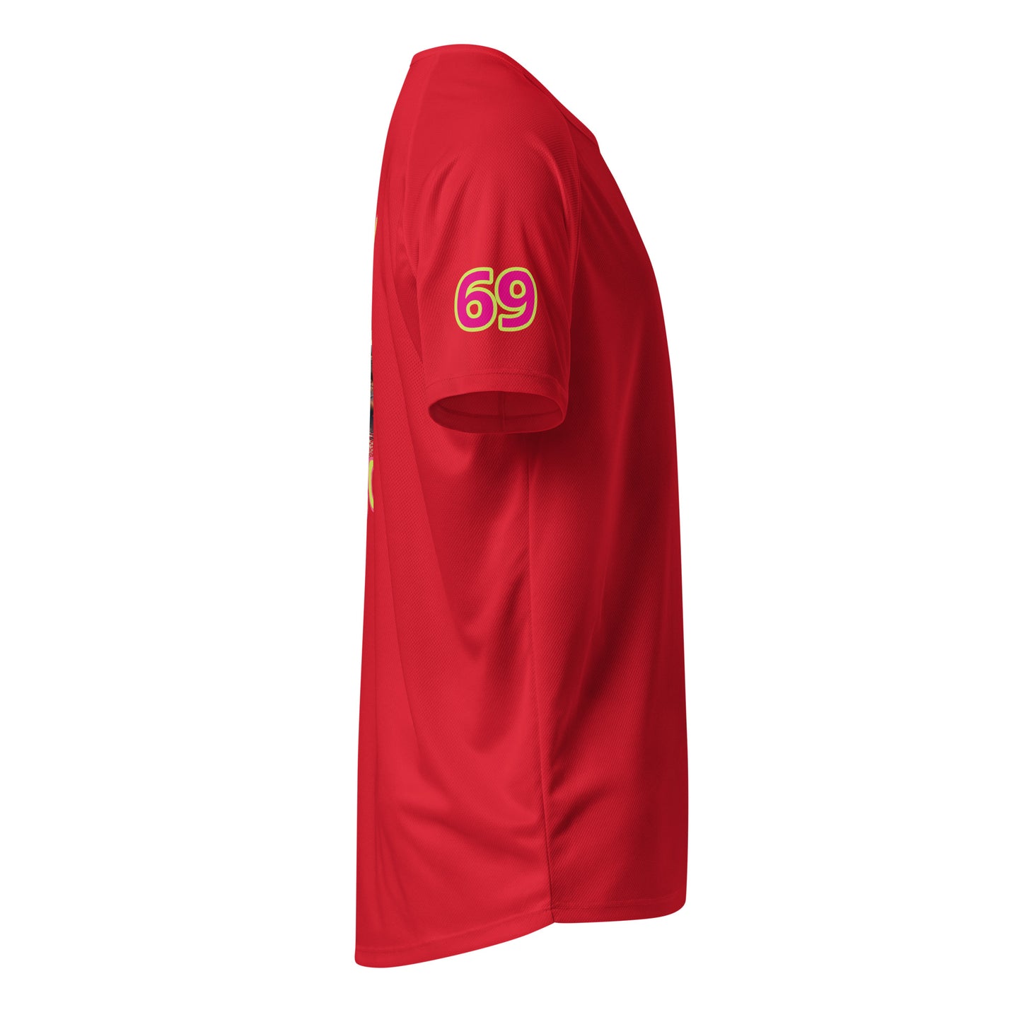 AW Monaco sports jersey, red side view with neon “69” on sleeve