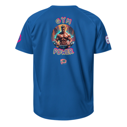Royal blue sports jersey back with “GYM POWER” graphic and small chest emblem