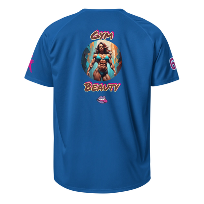 Blue unisex sports jersey, back view with 'Gym Beauty' print and lip icon