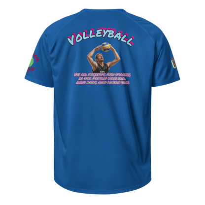 Blaues Sporttrikot mit großem Rückendruck und Text