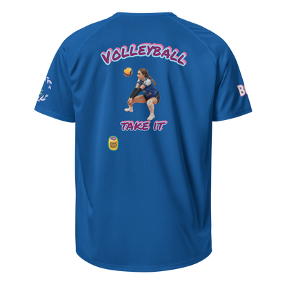 Blue sports jersey, back view, large “VOLLEYBALL” graphic and player image