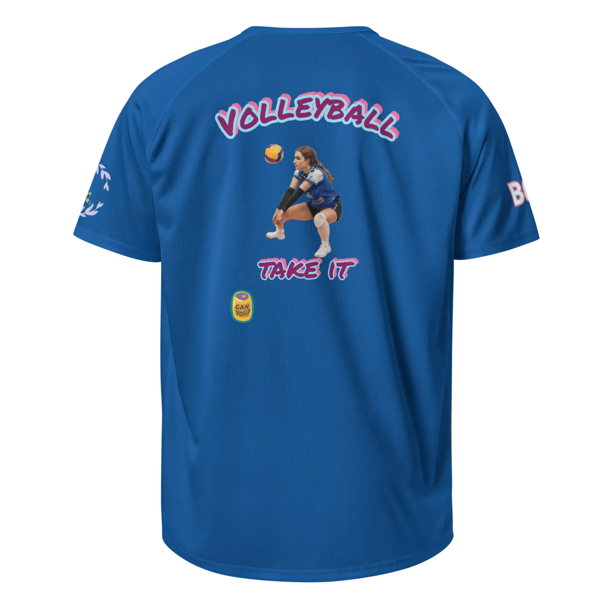 Blue sports jersey, back view, large “VOLLEYBALL” graphic and player image