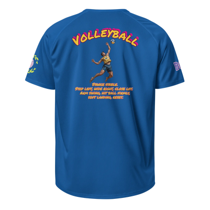 Unisex sports jersey, royal blue; back shows “VOLLEVBALL” and jumping figure