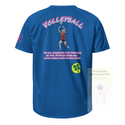 Unisex sports jersey (royalblau) hinten mit „VOLLEYBALL“-Print, Spieler-Grafik & Text