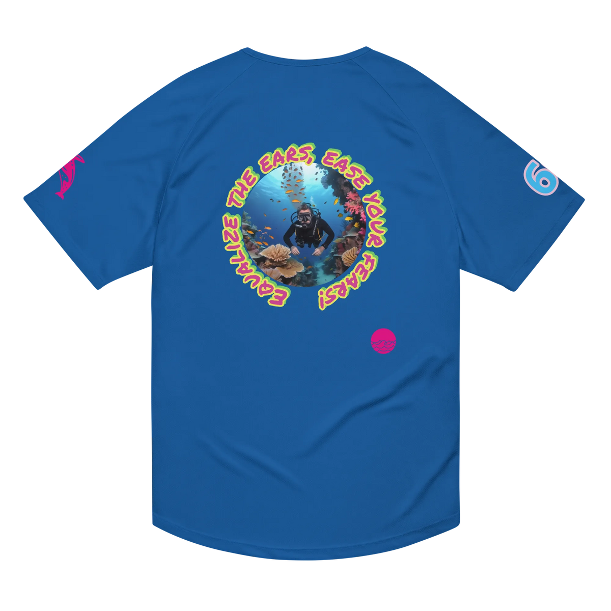 Unisex sports jersey, royal blue, circular diver graphic on front with small chest logo