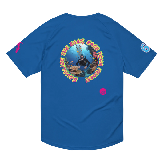 Unisex sports jersey, royal blue, circular diver graphic on front with small chest logo