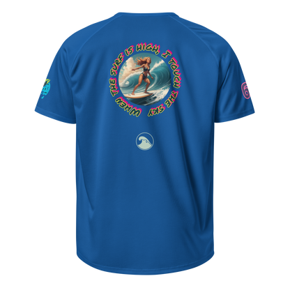 Royal blue sports jersey, back view with “The Super High …” surf graphic