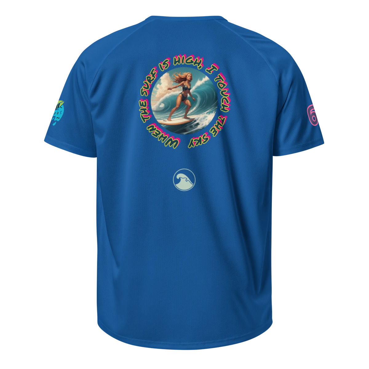 Royal blue sports jersey, back view with “The Super High …” surf graphic