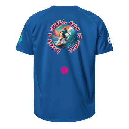 Sport-Jersey, blau, Rückansicht mit farbigem Surf-Design und Kreislogo