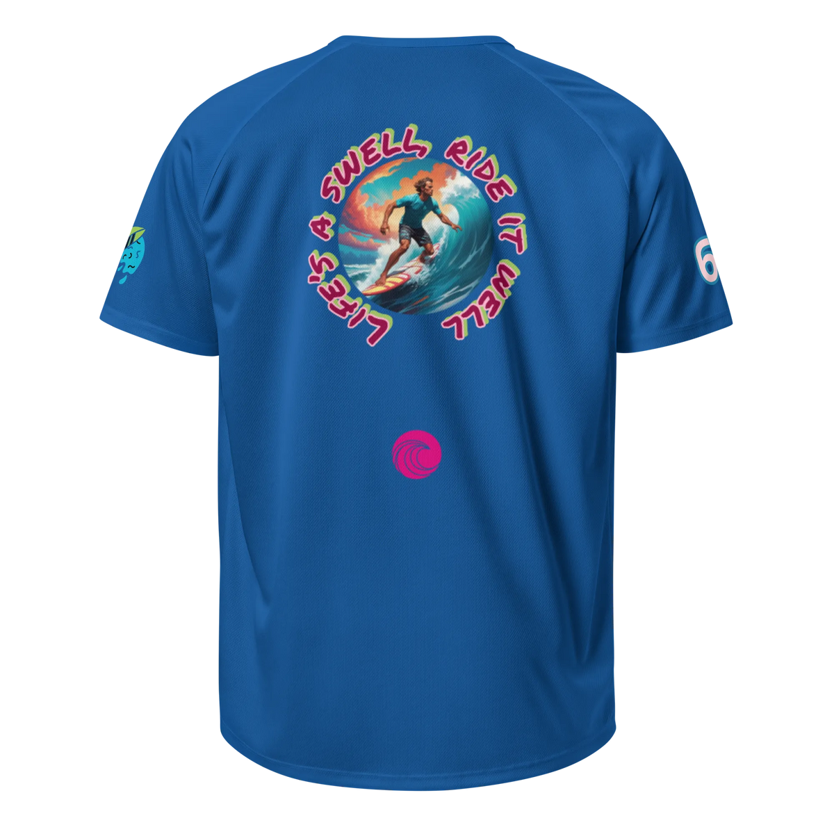 Sport-Jersey, blau, Rückansicht mit farbigem Surf-Design und Kreislogo