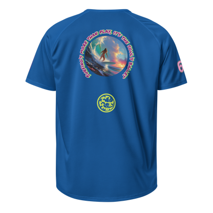 Royal blue sports jersey, back graphic with surfer circle and neon word text