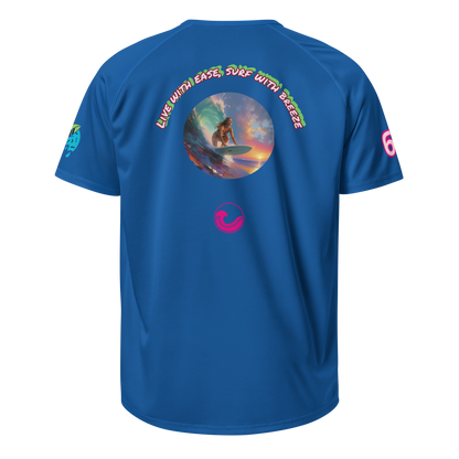 Royal blue sports jersey, back view with circular surf graphic and small chest logo