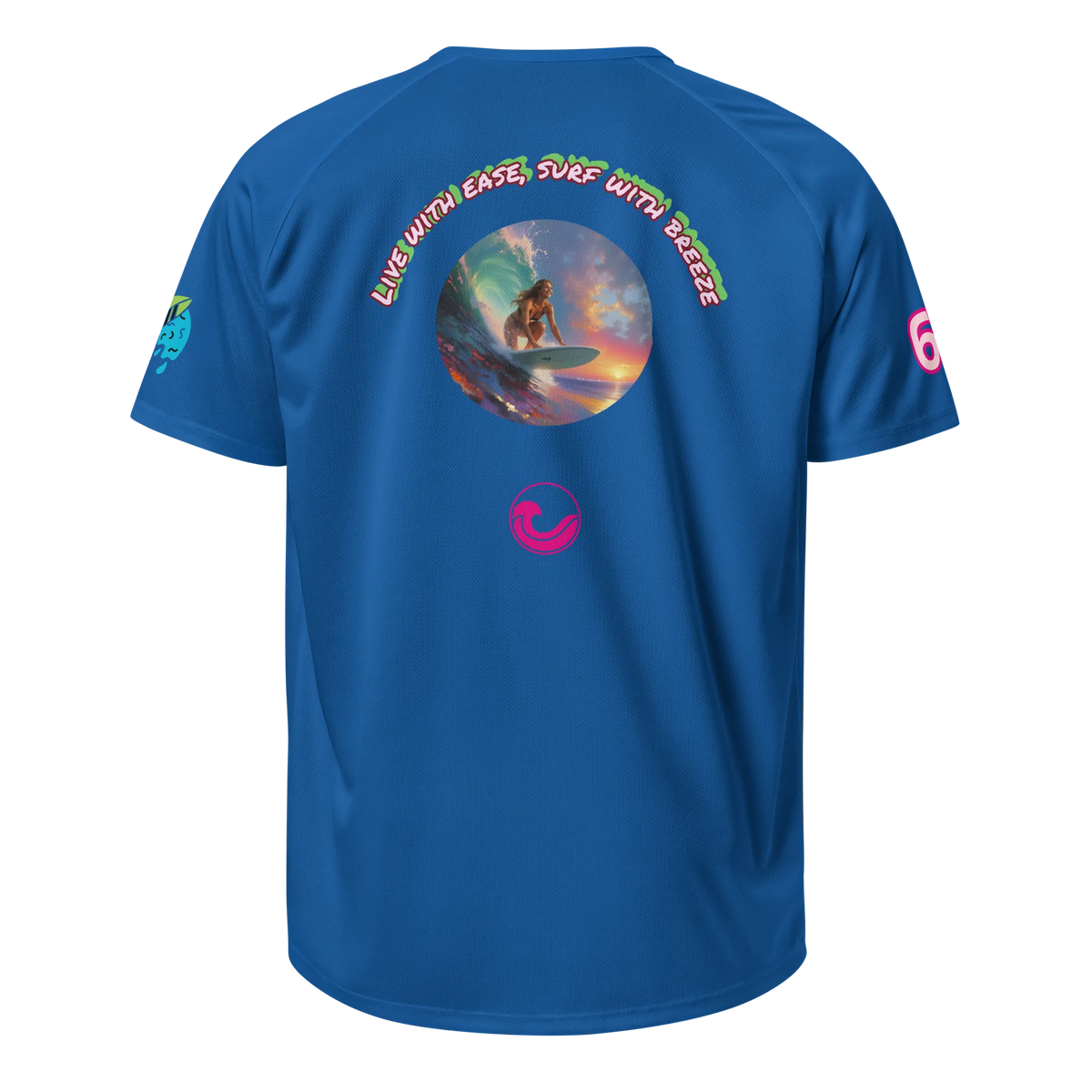 Royal blue sports jersey, back view with circular surf graphic and small chest logo