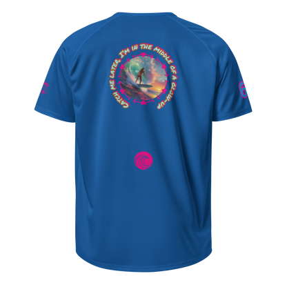 Blue sports jersey, back view with circular surf graphic and pink wave logo