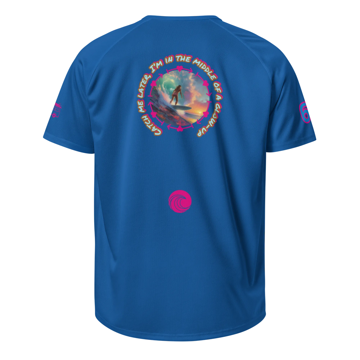 Blue sports jersey, back view with circular surf graphic and pink wave logo
