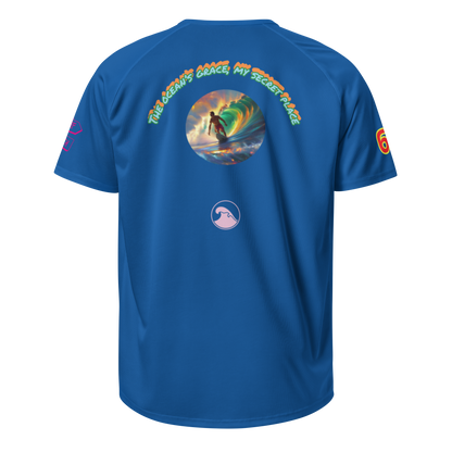 Royal blue sports jersey, back view with circular wave graphic and “The Dean’s…” text