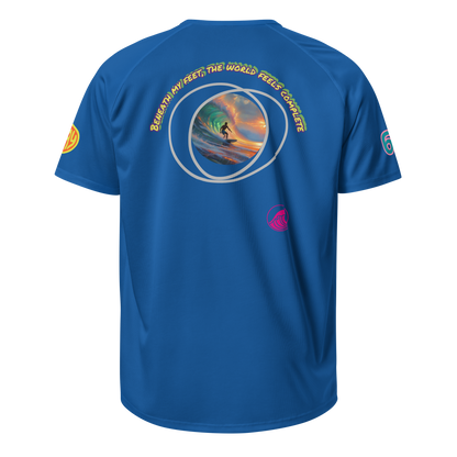 French navy sports jersey back with circular surf artwork and slogan