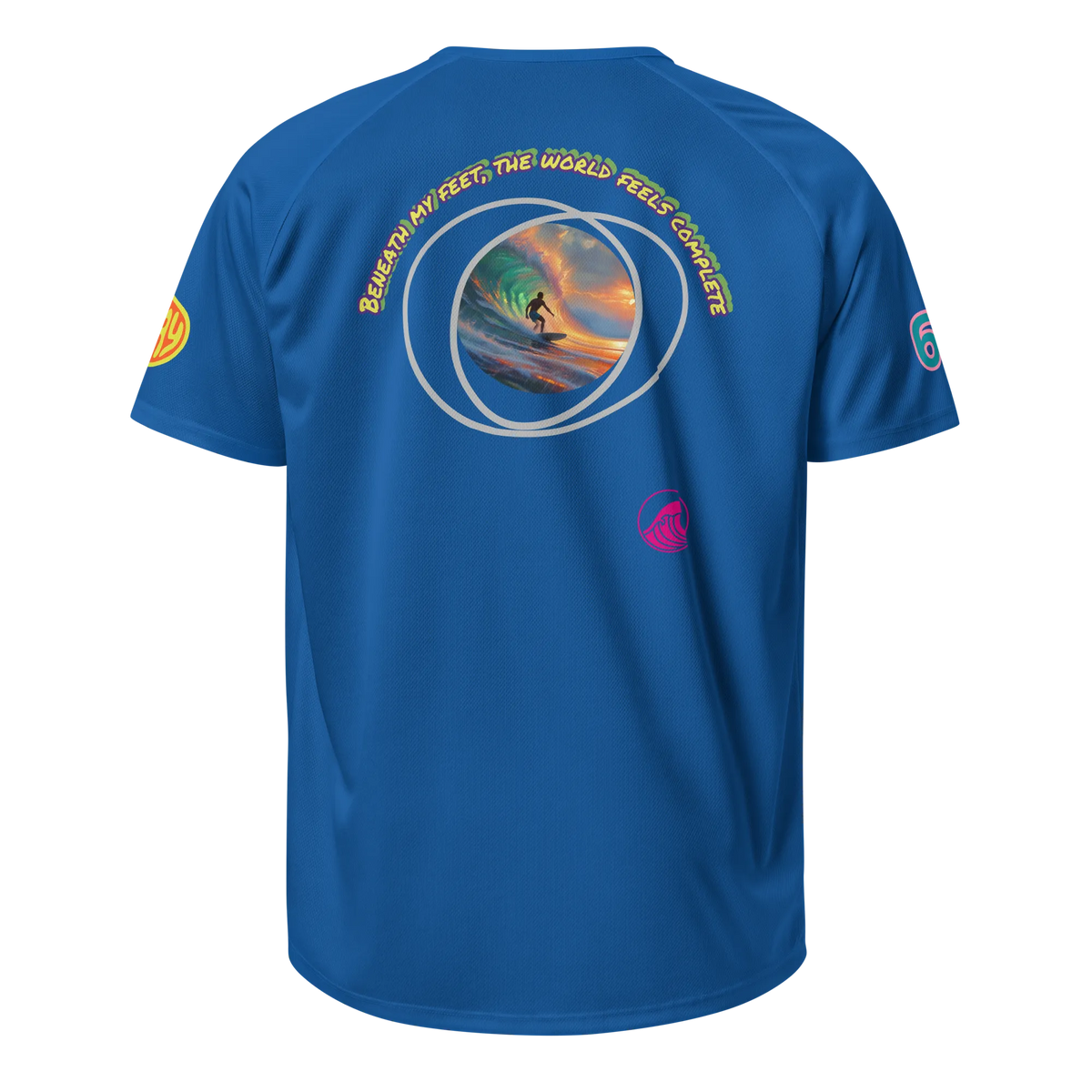 French navy sports jersey back with circular surf artwork and slogan