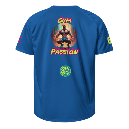 Unisex-Sportsjersey, blau, Rückansicht mit „Gym Passion“-Grafik