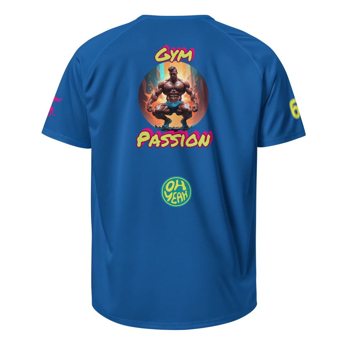 Unisex-Sportsjersey, blau, Rückansicht mit „Gym Passion“-Grafik